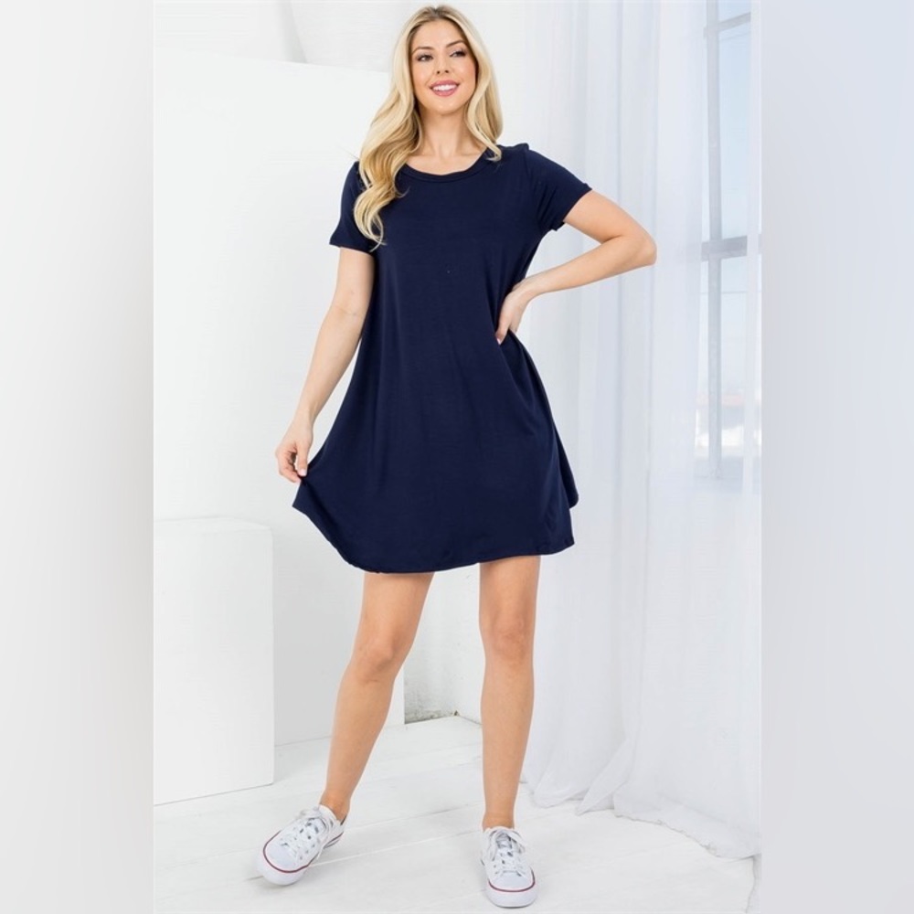 S M L NAVY ROUND NECKLINE RUFFLE SHIRT DRESS - Picture 3 of 6